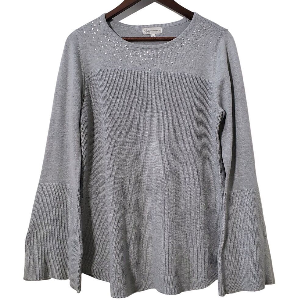 Neiman Marcus Embellished Sweater Size M Gray Flare Sleeve Womens